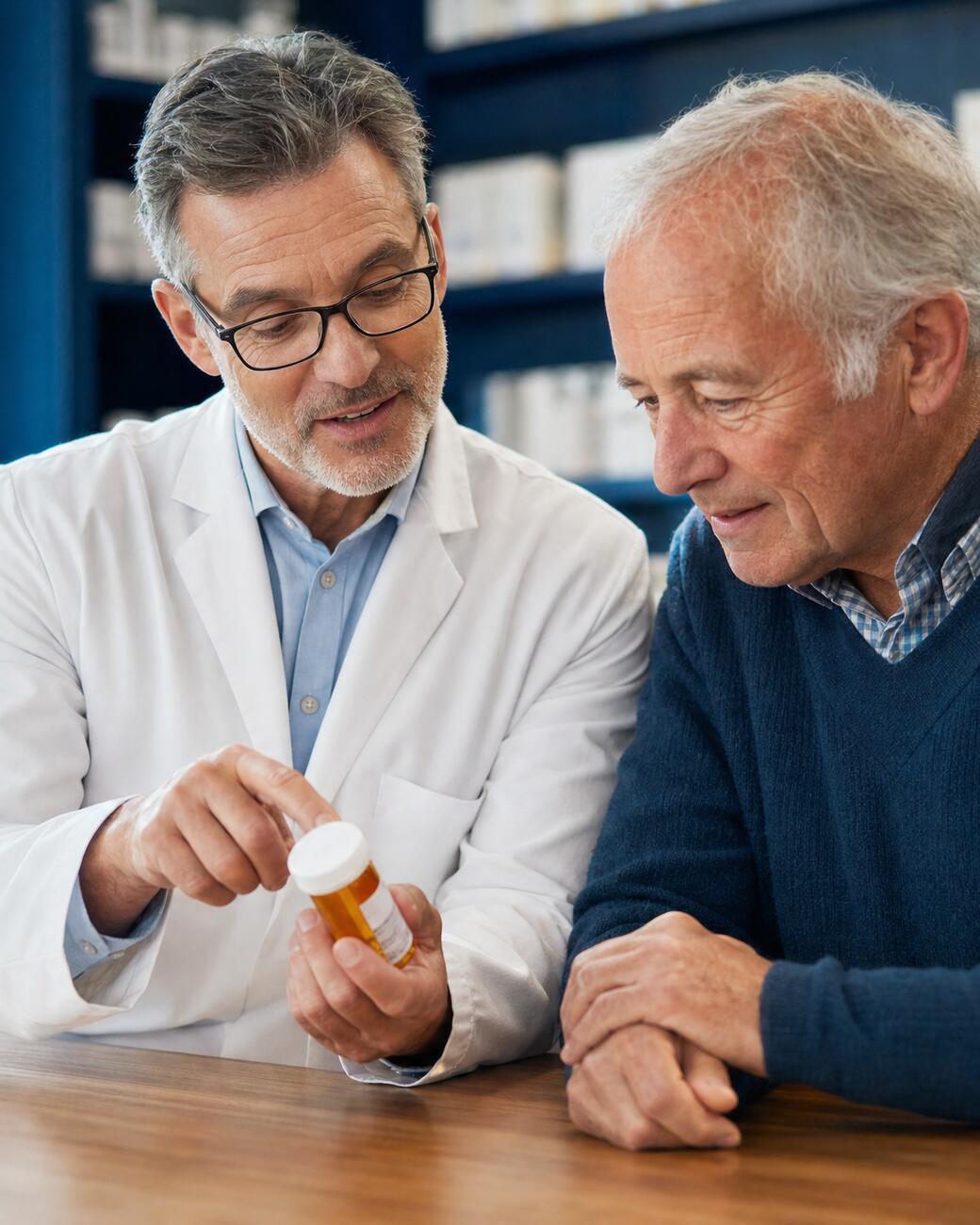 A Hobson Pharmacy pharmacist explains a prescription label to a customer at the counter