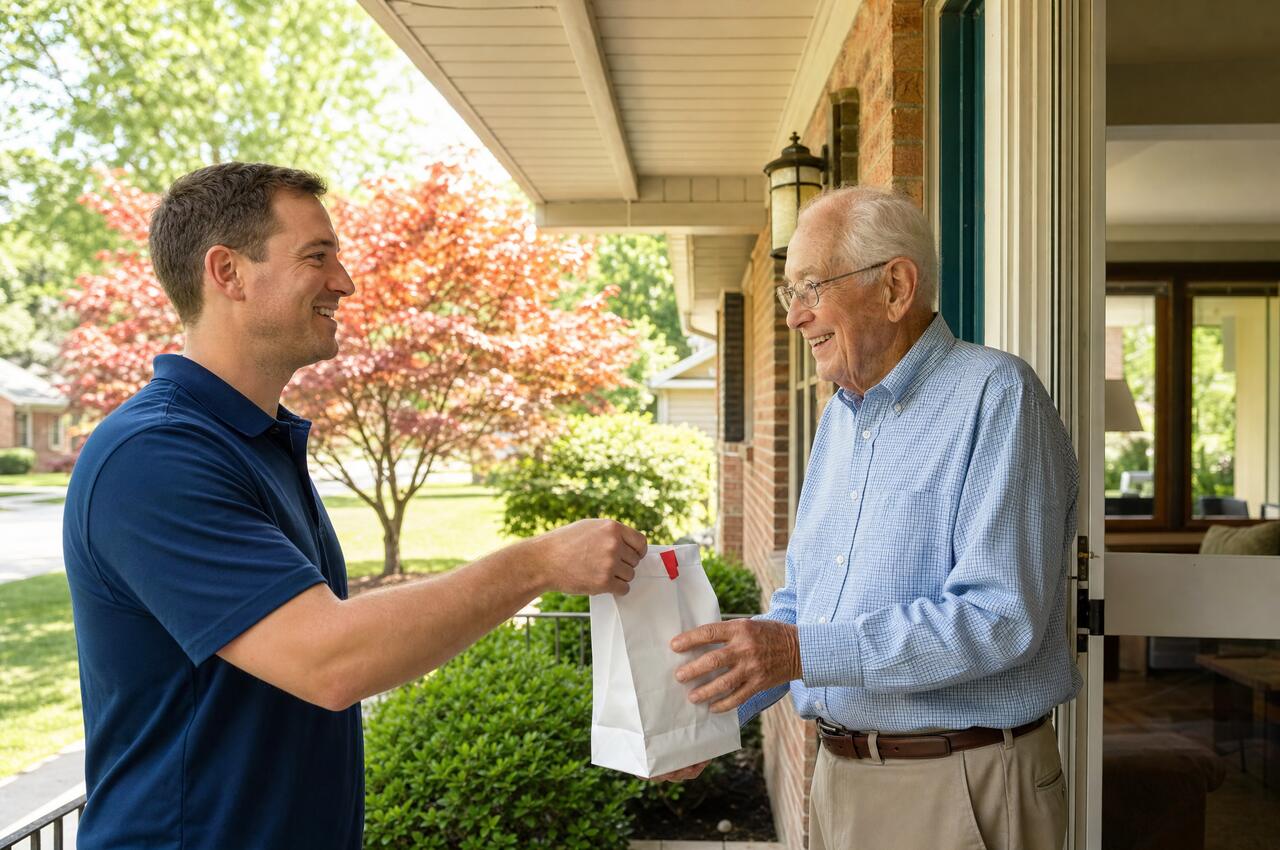 A Hobson Pharmacy delivery driver hands a prescription bag to a customer at his front door
