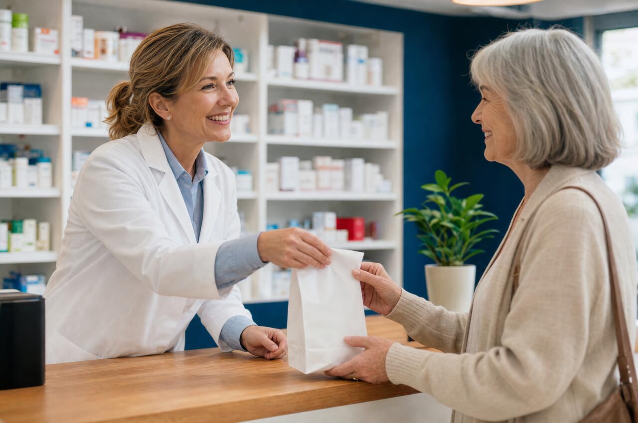 A pharmacist at Hobson Pharmacy hands a prescription bag across the counter to a smiling customer