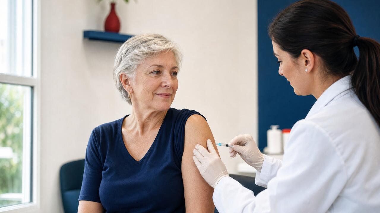 A pharmacist gives a vaccination to a seated customer in a private room