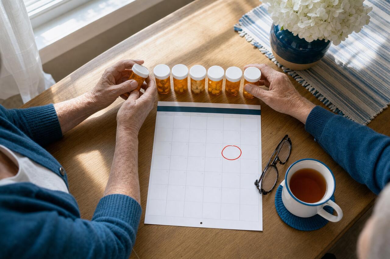 An older couple lines up their prescription bottles beside a calendar with one date circled